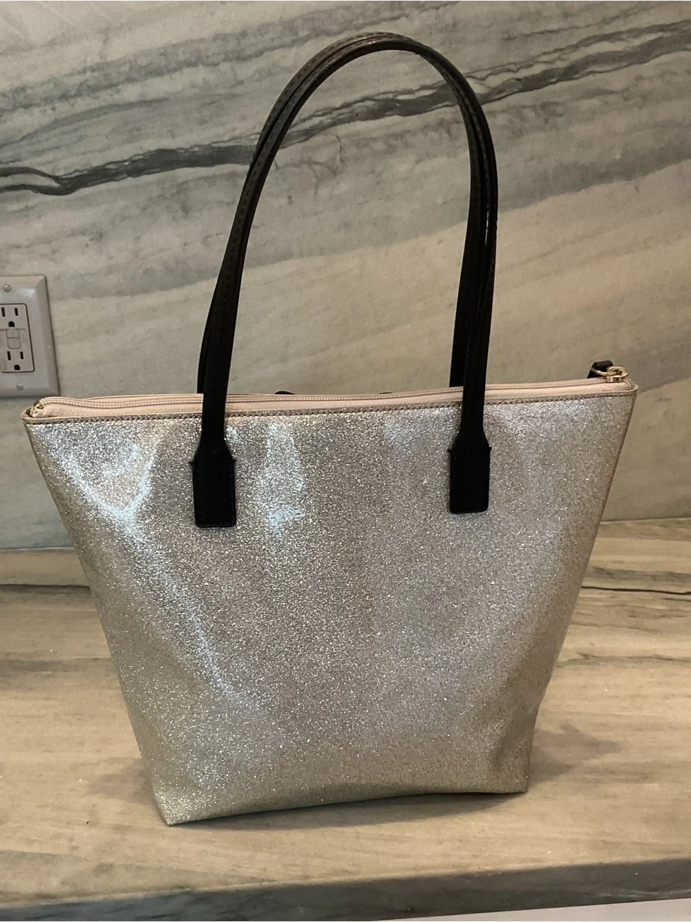 kate spade Glitter Tote in Ivory with Black Handles